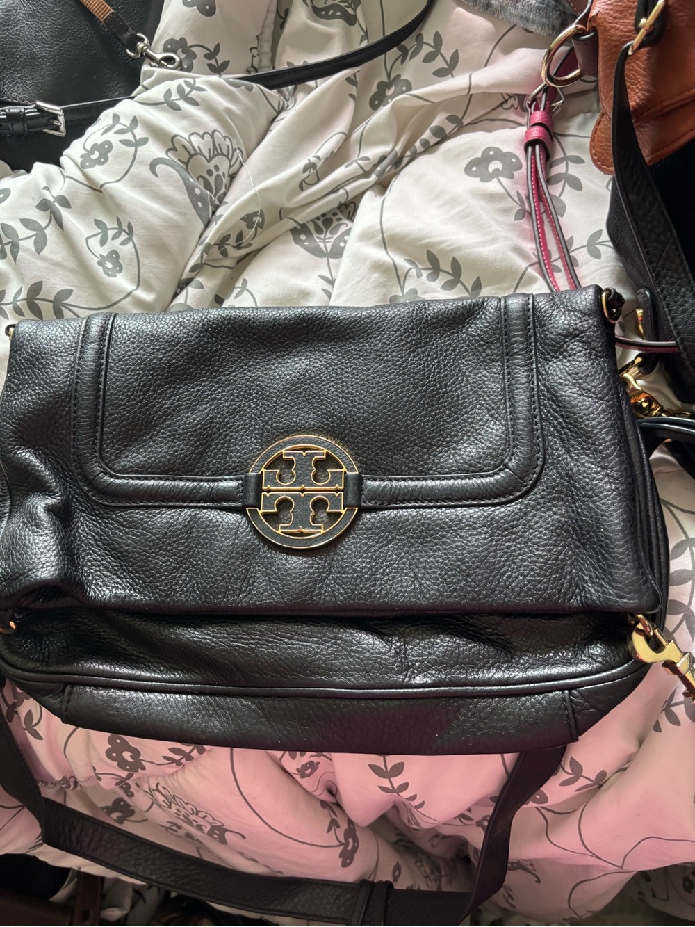Tory Burch Black Pebbled Leather Flap Crossbody with Gold Logo